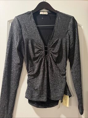 Ramy Brook Black Metallic Twist-Detail Long Sleeve Top
